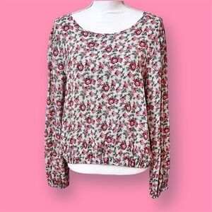 LOFT Pink & White Floral Long sleeved Top Blouse Size M Like New